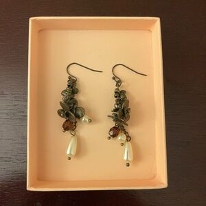 Free People Antique Brass Cluster Drop Earrings with Pearl and Amber Beads